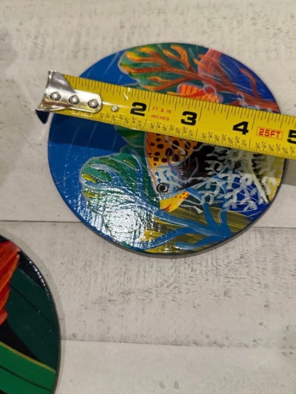 Pair of Colorful Hand Painted 5” Parrot and Fish Animal Coasters